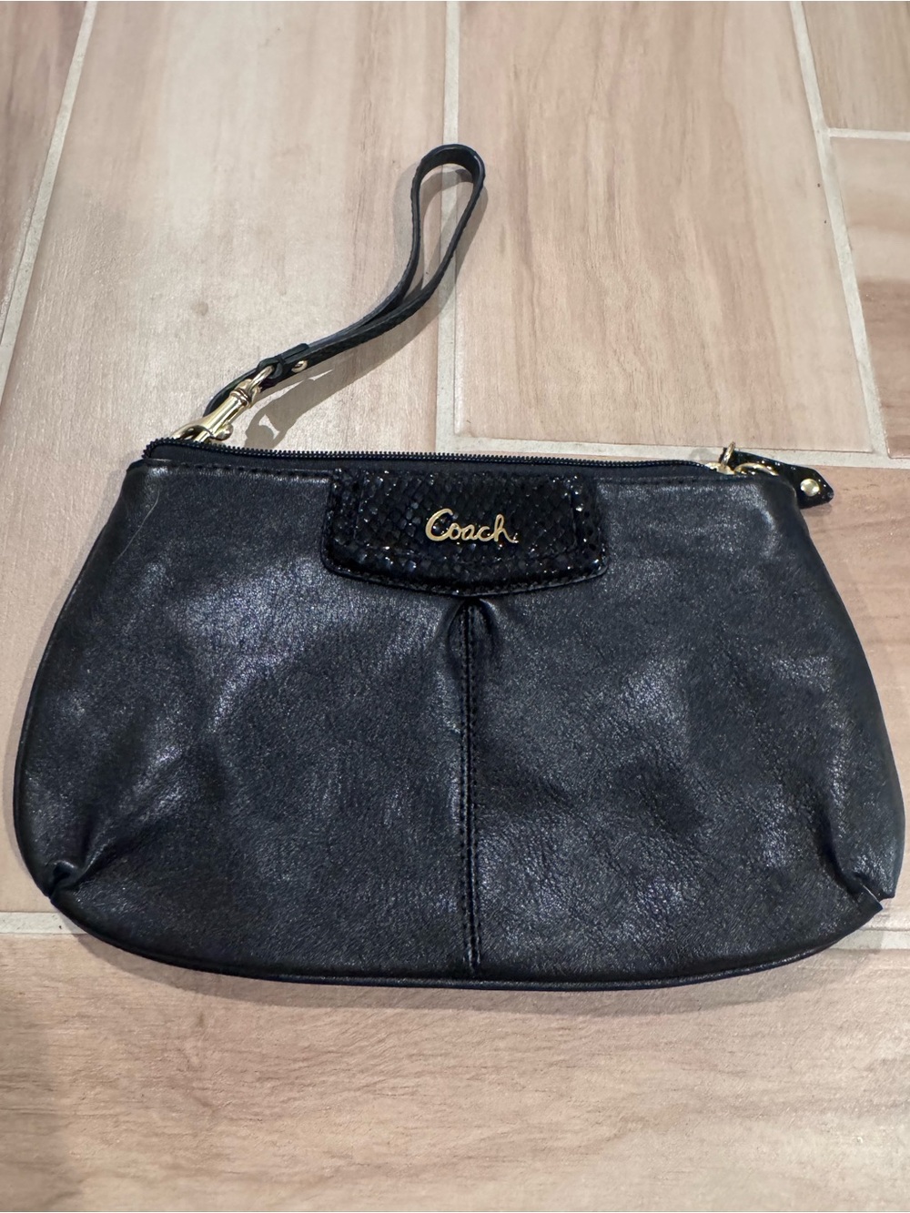 Coach Black Leather Wristlet with Gold Hardware